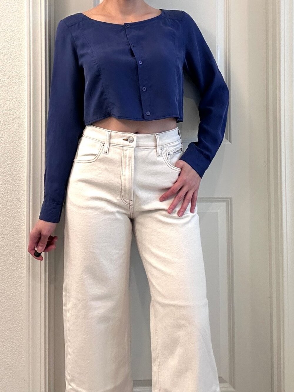Eileen Fisher 100% Silk Long Sleeve Crop Top size XS (fit like M) Royal Purple